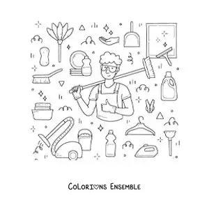 Image à colorier d’un homme avec des produits de nettoyage ménager