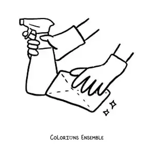 Image à colorier d’une paire de mains gantées faisant le ménage