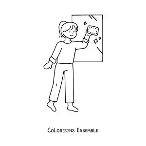 Image à colorier d’une fille nettoyant des fenêtres dans sa maison