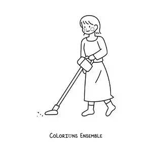 Image à colorier d’une maman passant l’aspirateur sur le sol de sa maison