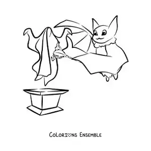 Image à colorier d’une chauve-souris en dessin animé époussetant un fantôme