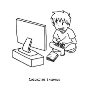 Image à colorier d'un garçon assis jouant aux jeux vidéo