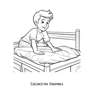 Image à colorier d’un garçon faisant son lit au réveil