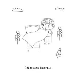 Image à colorier d’une fille faisant son lit le matin
