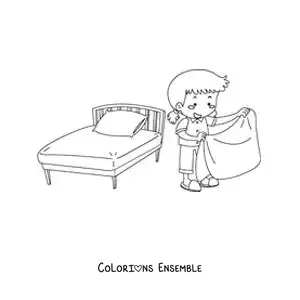 Image à colorier d’une fille faisant son lit au réveil