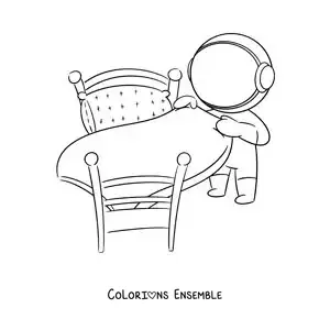 Image à colorier d’un astronaute en dessin animé faisant son lit