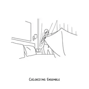 Image à colorier d’une femme faisant son lit dans sa chambre