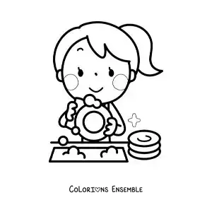 Image à colorier d’une fille kawaii faisant la vaisselle