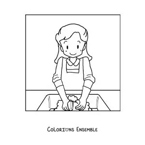 Image à colorier d’une maman en dessin animé faisant la vaisselle