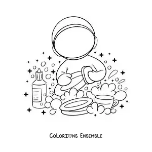 Image à colorier d’un astronaute en dessin animé faisant la vaisselle