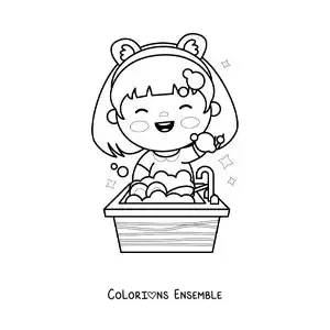 Image à colorier d’une fille kawaii récurant la vaisselle dans l’évier