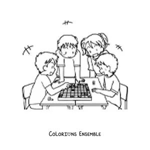 Image à colorier d'enfants jouant aux échecs japonais