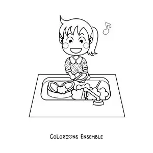 Image à colorier d’une fille chantant en faisant la vaisselle dans l’évier