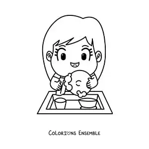 Image à colorier d’une fille en dessin animé faisant la vaisselle