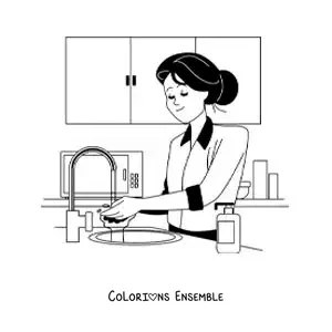 Image à colorier d’une maman faisant la vaisselle dans la cuisine