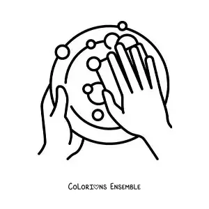 Image à colorier d’une paire de mains lavant la vaisselle avec une éponge