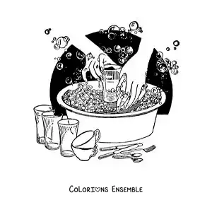 Image à colorier d’une paire de mains lavant la vaisselle dans une bassine