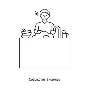 Image à colorier d’un homme faisant la vaisselle dans l’évier