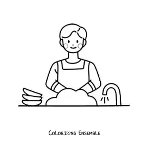 Image à colorier d’un papa faisant la vaisselle