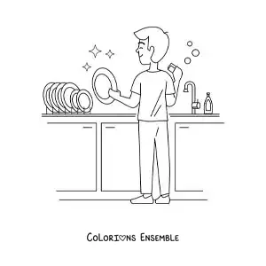 Image à colorier d’un père récurant la vaisselle dans la cuisine