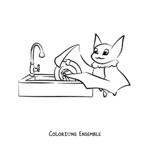 Image à colorier d’une chauve-souris faisant la vaisselle dans l’évier