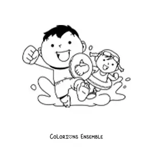 Image à colorier de deux enfants courant pour aller nager dans la piscine