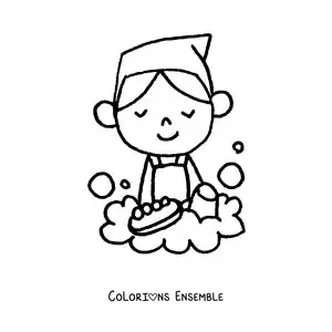 Image à colorier d’un garçon lavant la vaisselle avec une éponge