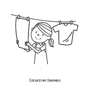 Image à colorier d’une fille suspendant le linge propre sur la corde à linge