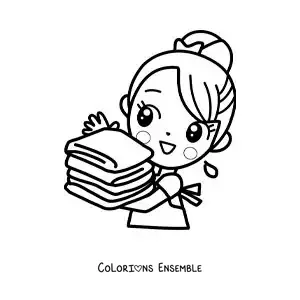 Image à colorier d’une fille kawaii portant du linge propre et plié