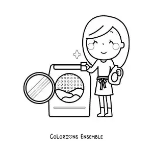Image à colorier d’une maman en dessin animé lavant le linge dans la machine à laver