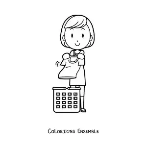 Image à colorier d’une femme avec un panier de linge propre