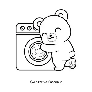 Image à colorier d’un ours en dessin animé lavant le linge dans la machine à laver