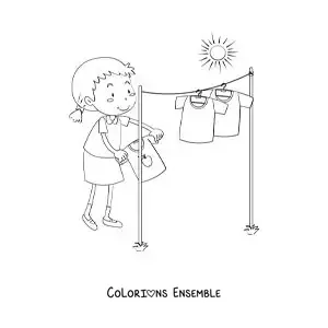 Image à colorier d’une fille en dessin animé séchant le linge au soleil sur la corde à linge
