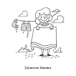 Image à colorier d’une maman suspendant le linge lavé sur la corde à linge