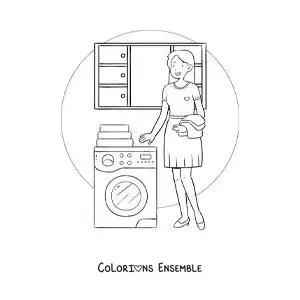 Image à colorier d’une femme au foyer lavant le linge dans la machine à laver