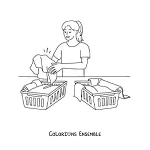 Image à colorier d’une fille triant le linge par couleurs pour le laver