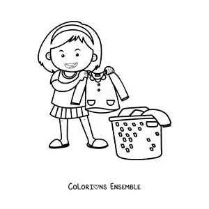 Image à colorier d’une fille ramassant le linge lavé dans un panier