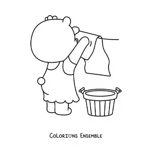 Image à colorier d’une ourse en dessin animé suspendant le linge sur une corde à linge