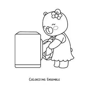 Image à colorier d’une ourse en dessin animé lavant le linge dans la machine à laver