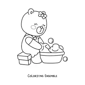 Image à colorier d’une ourse en dessin animé lavant le linge à la main