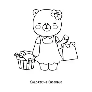 Image à colorier d’une ourse en dessin animé suspendant le linge propre