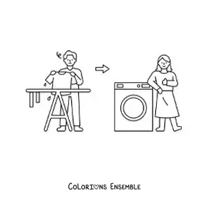 Image à colorier d’un homme étendant le linge pour le faire sécher face à une femme mettant le linge dans le sèche-linge