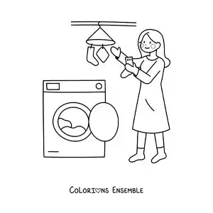 Image à colorier d’une femme sortant le linge de la machine à laver pour l’étendre