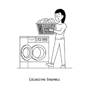 Image à colorier d’une fille apportant un panier de linge à la machine à laver