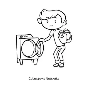 Image à colorier d’un garçon en dessin animé apportant un panier de linge à la machine à laver