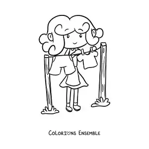 Image à colorier d’une jeune femme en dessin animé suspendant le linge sur une corde à linge