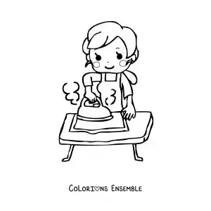 Image à colorier d’une maman kawaii en dessin animé repassant du linge