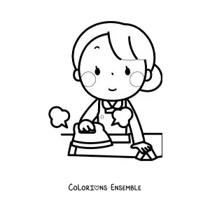 Image à colorier d’une femme kawaii repassant une chemise