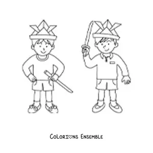 Image à colorier de deux enfants jouant avec des épées en jouet