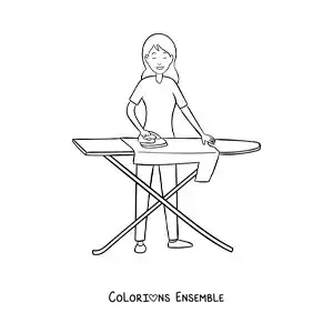 Image à colorier d'une fille repassant une chemise sur une table à repasser